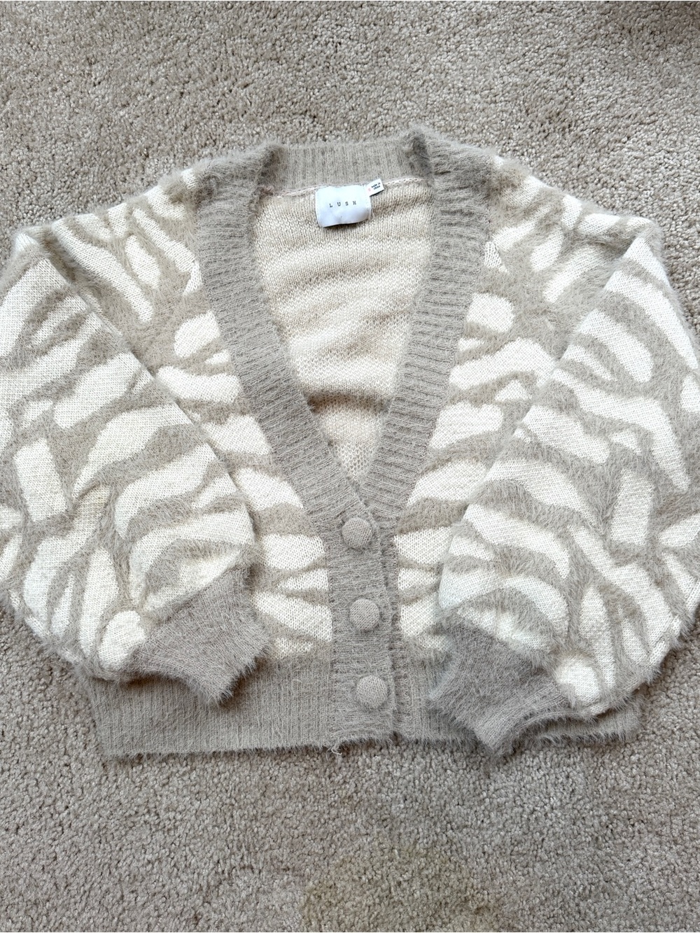 Lush Beige & Cream Thick Textured Zebra-Print Fuzzy Cardigan